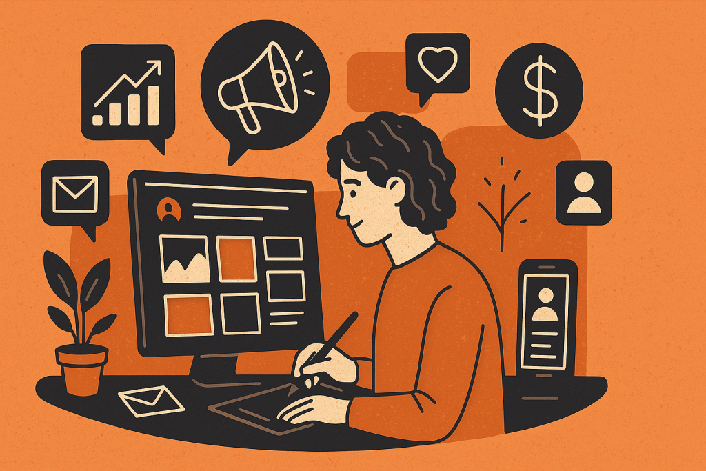 Illustration of a creative professional working at a desk with a digital portfolio on a computer screen, surrounded by icons representing email, social media engagement, analytics, and marketing tools, symbolizing the connection between creativity and digital marketing.