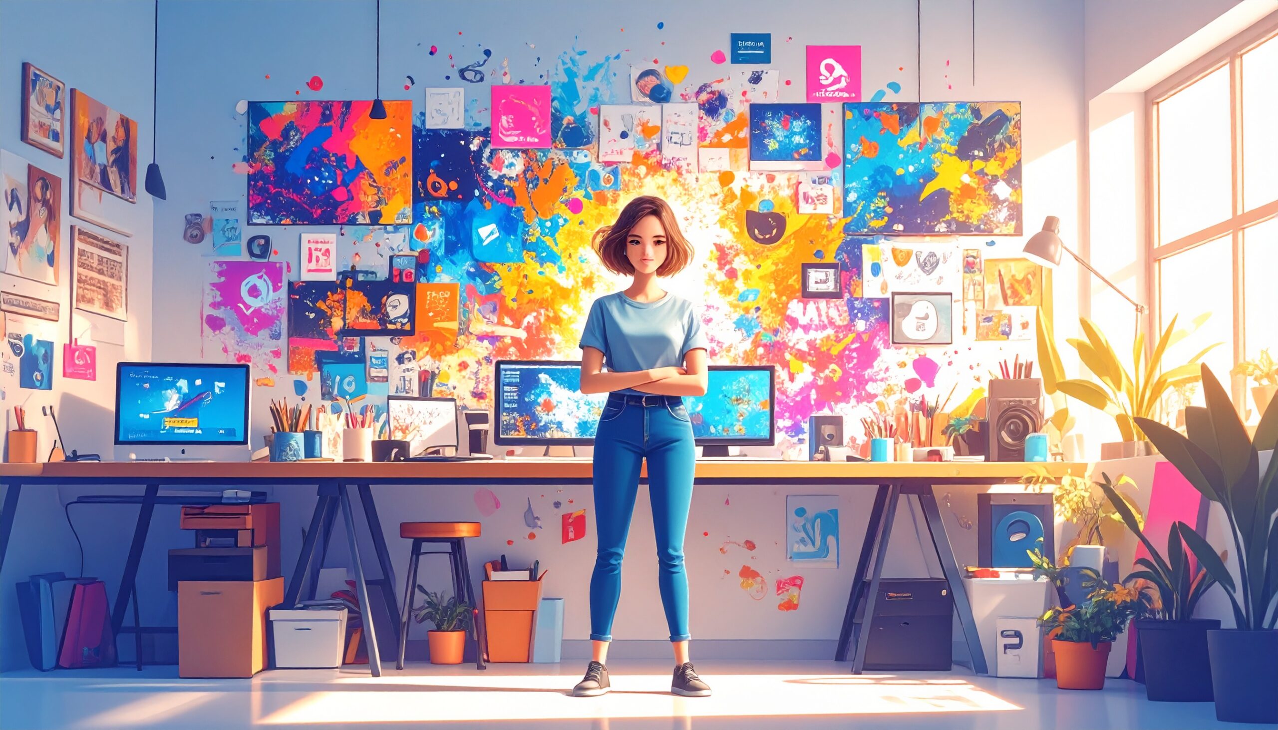 A confident digital artist standing in a bright, modern workspace filled with creative tools like a drawing tablet, camera, and laptop. Around them float vibrant digital elements—artworks, social media icons (Instagram, TikTok, Pinterest), marketing graphs, and messages showing engagement (likes, shares, comments).