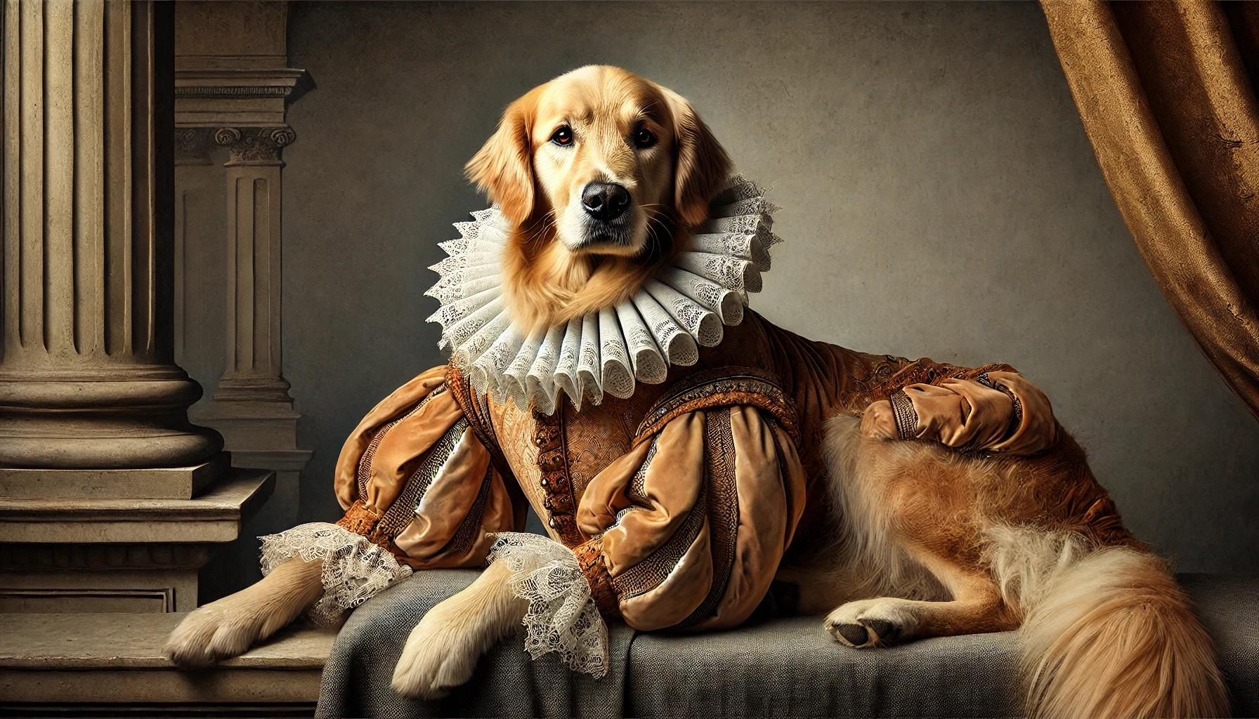 A digital painting of a golden retriever wearing elaborate Renaissance-style clothing, in a horizontal 1080x1920 px format. The dog is seated regally
