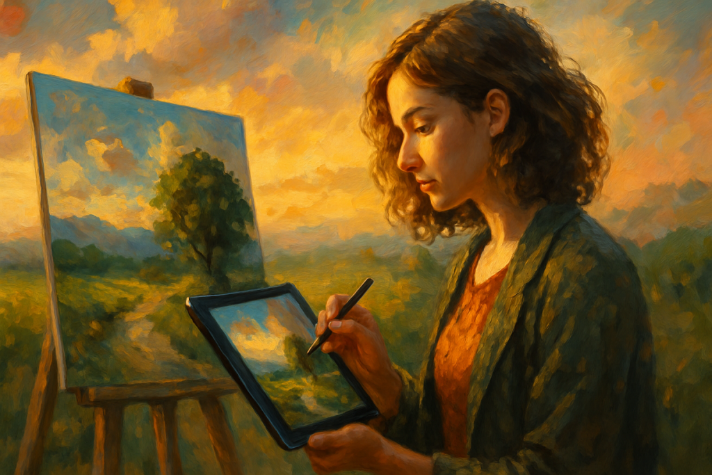 A digital painting showing a young woman creating art on a tablet at sunset. She paints a vibrant landscape that mirrors the scene on an easel beside her, symbolizing the blend of technology and traditional creativity. Warm golden light and soft brush textures evoke focus, artistry, and innovation.