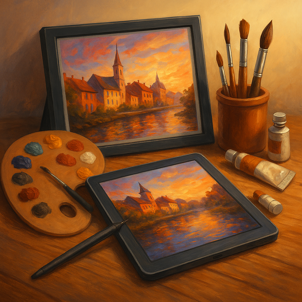 A warm digital art workspace showing a wooden table with paintbrushes, a color palette, and a tablet displaying a digital painting of a European town at sunset. The scene highlights the fusion of traditional and digital painting techniques.