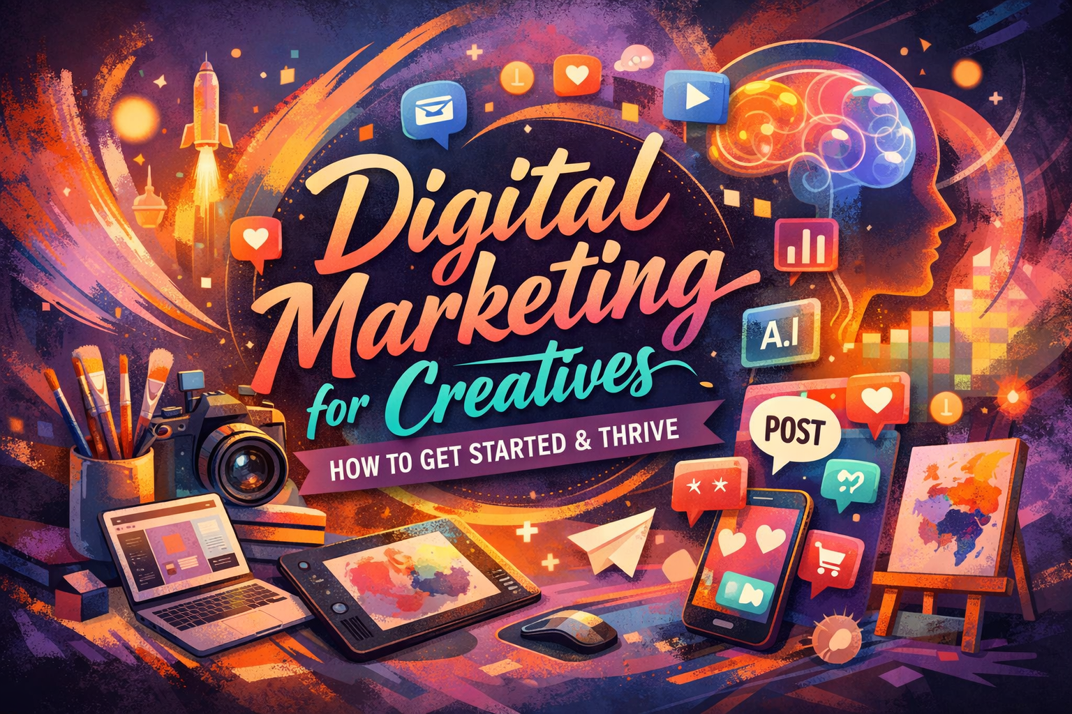 Vibrant illustration featuring creative tools like a camera, paintbrushes, tablet, and laptop alongside social media, analytics, and AI icons, symbolizing digital marketing strategies for creatives.